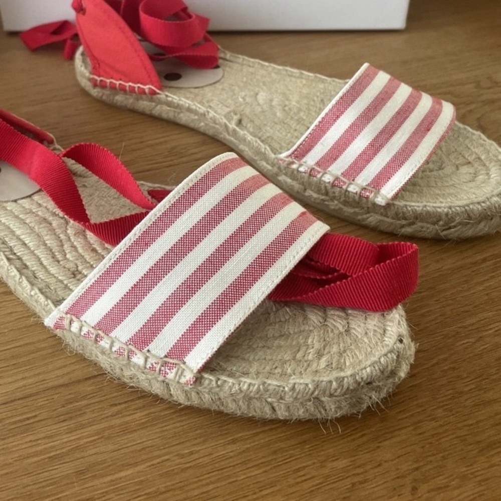 Boden Red White Striped Ribbon Tie Espadrille Sandals Spain Sz 39 Womens 8.5 - Picture 2 of 12